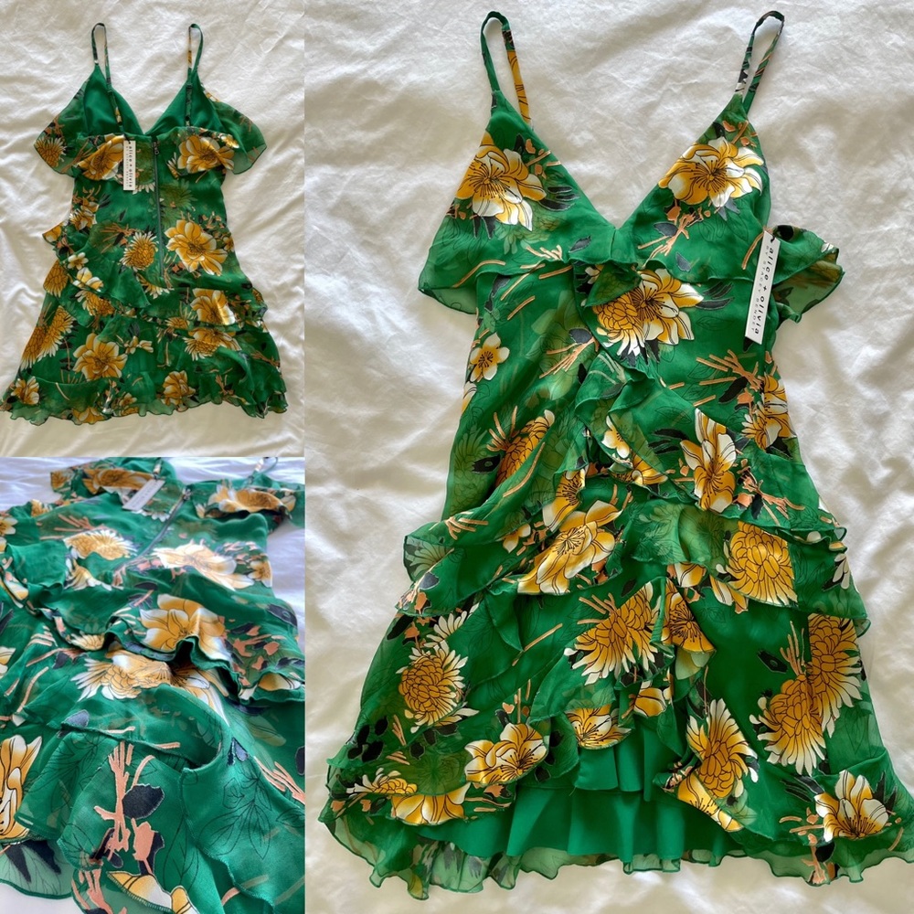 Alice + Olivia Green Ruffle Floral Mini Dress 0